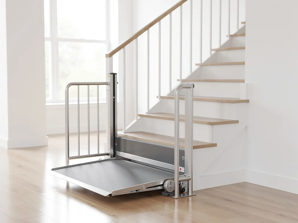 Plateforme élévatrice accueillant un fauteuil roulant au bas d'un escalier