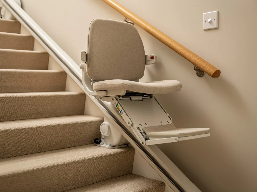 Assise et repose-pieds d'un monte-escalier repliés contre le mur