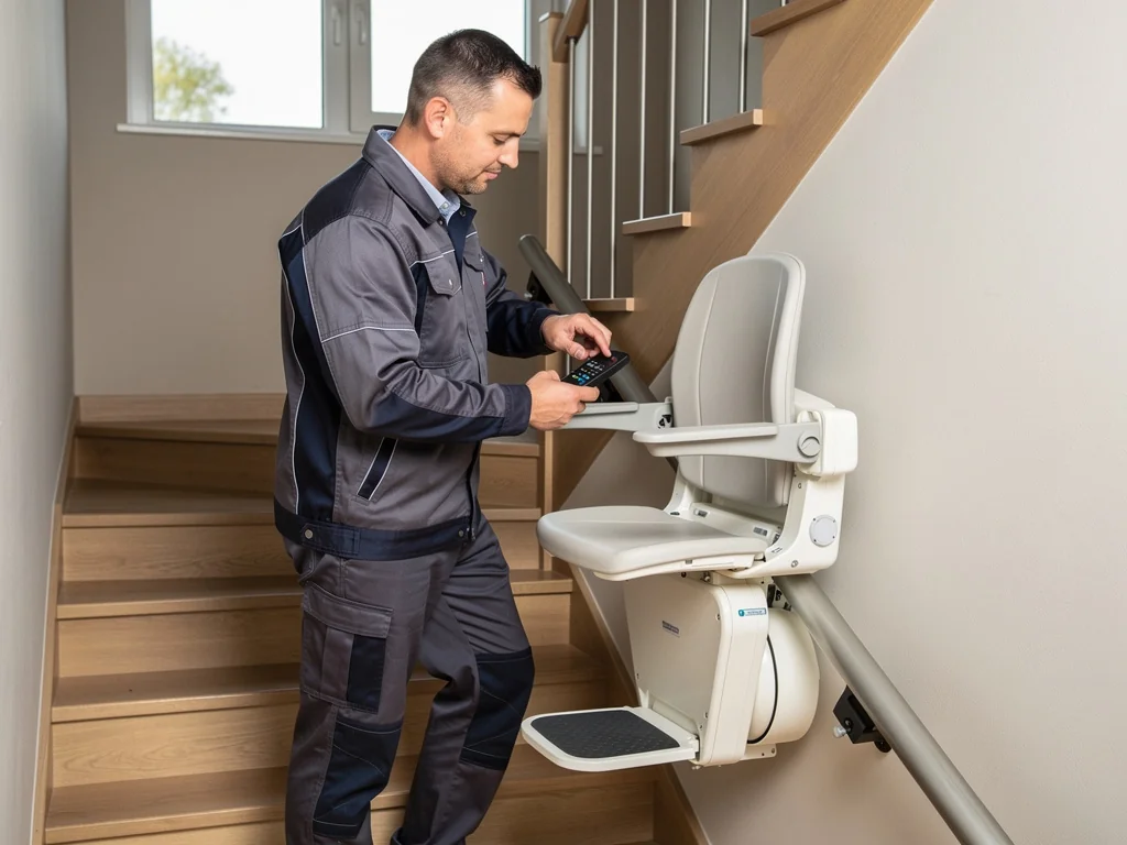 Technicien vérifiant la télécommande d'un monte-escalier à la mise en service